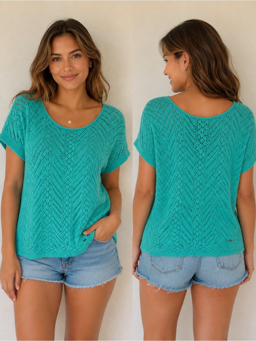 Hollister Women’s Open-zig zag Knit Crochet Short Sleeve Sweater Top in Teal
